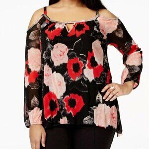 INC Womens 3X Floral Cold-Shoulder Blouse Sheer Nylon Overlay Black Red Pink